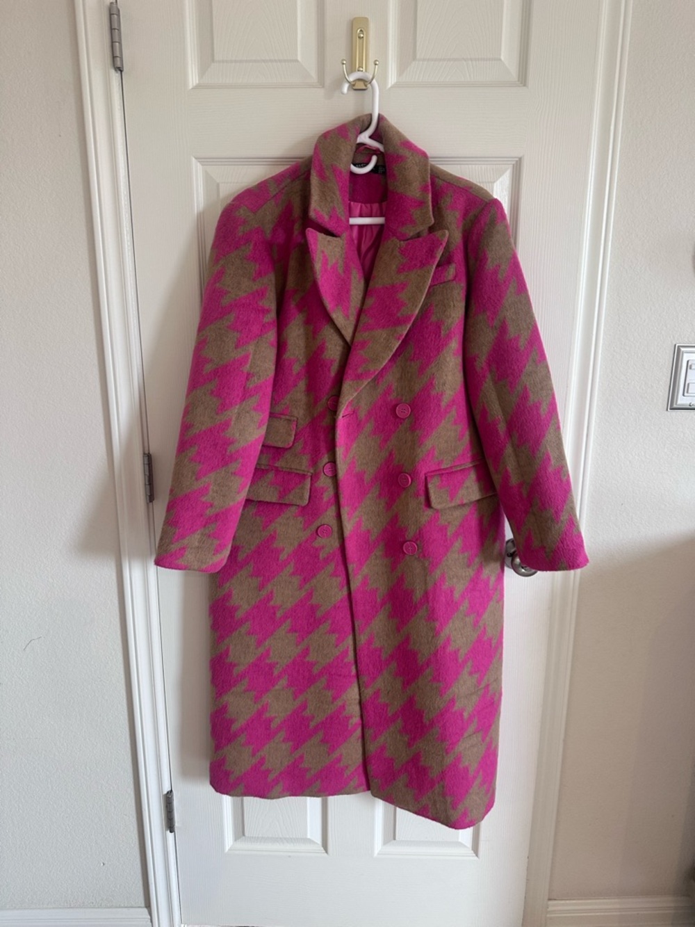 Nasty Gal Pink & Brown Houndstooth Double-Breasted Coat